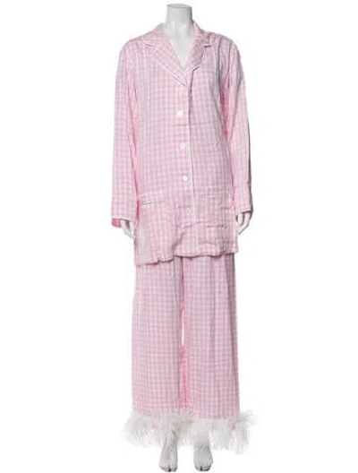 Pre-owned Sleeper Plaid Print Feather Trim Pajamas W/ Tags In Pink