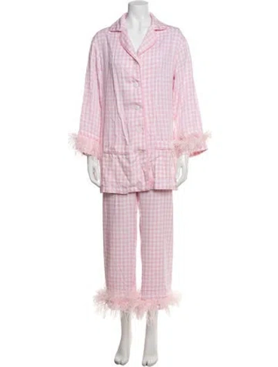 Pre-owned Sleeper Plaid Print Feather Trim Pant Set In Pink