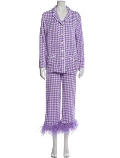Pre-owned Sleeper Plaid Print Feather Trim Pant Set In Purple