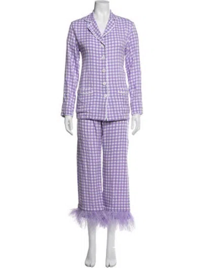 Pre-owned Sleeper Plaid Print Feather Trim Pant Set In Purple