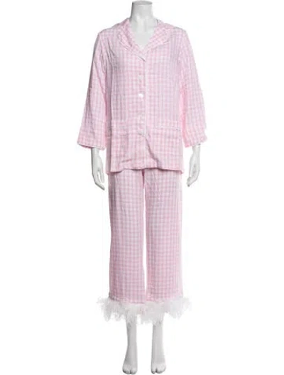 Pre-owned Sleeper Plaid Print Feather Trim Pant Set W/ Tags In Pink