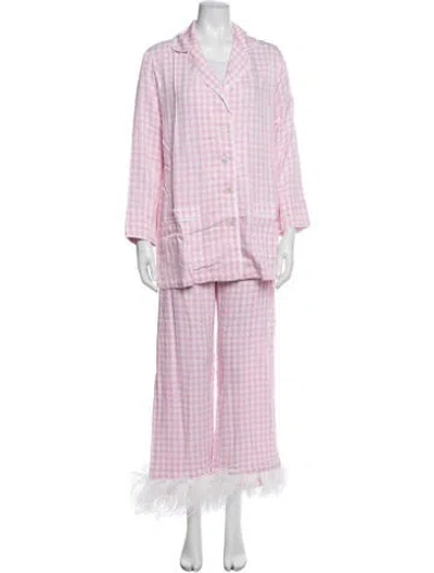 Pre-owned Sleeper Plaid Print Feather Trim Pant Set W/ Tags In Pink