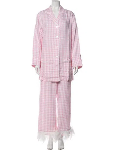 Pre-owned Sleeper Plaid Print Feather Trim Pant Set W/ Tags In Pink