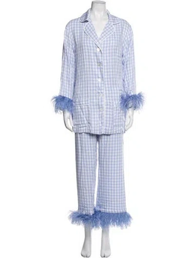 Pre-owned Sleeper Plaid Print Feather Trim Set In Blue