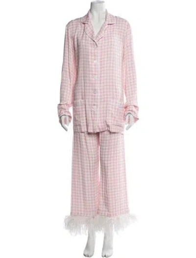 Pre-owned Sleeper Plaid Print Feather Trim Set In Pink