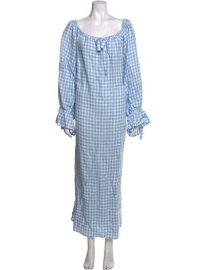 Pre-owned Sleeper Plaid Print Long Dress In Blue