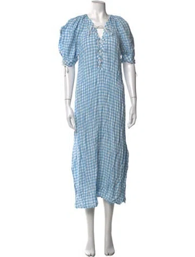 Pre-owned Sleeper Plaid Print Long Dress In Blue