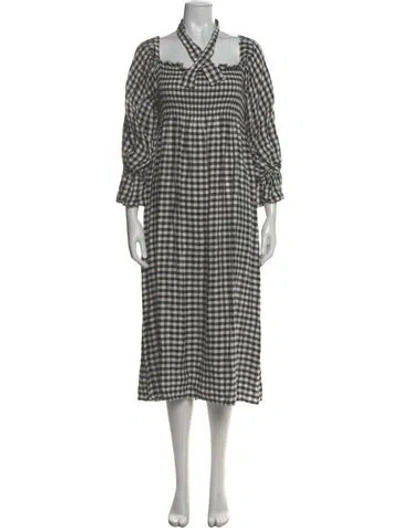 Pre-owned Sleeper Plaid Print Midi Length Dress In Black