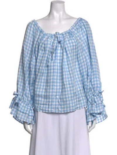 Pre-owned Sleeper Plaid Print Off-the-shoulder Blouse W/ Tags In Blue