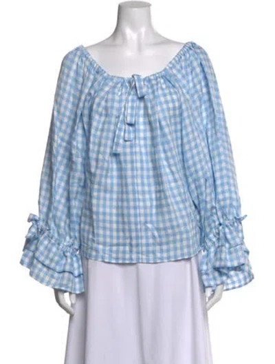 Pre-owned Sleeper Plaid Print Off-the-shoulder Blouse W/ Tags In Blue