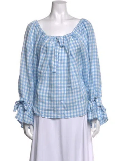 Pre-owned Sleeper Plaid Print Square Neckline Blouse W/ Tags In Blue