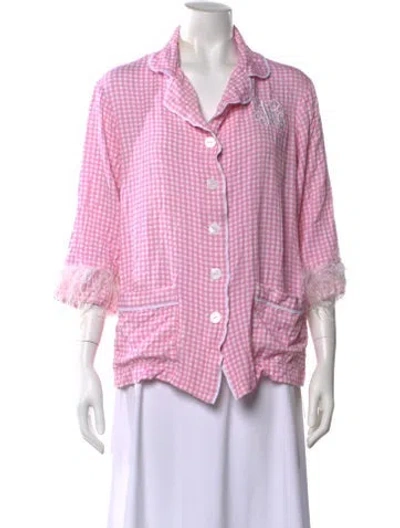 Pre-owned Sleeper Plaid Print Three-quarter Sleeve Button-up Top In Pink