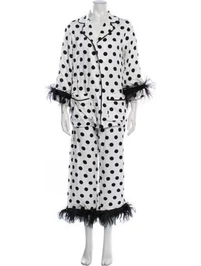 Pre-owned Sleeper Polka Dot Print Fringe Trim Accent Pajamas In White