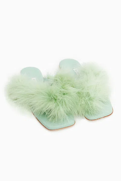 Sleeper Pom Slides With Feathers In Mint