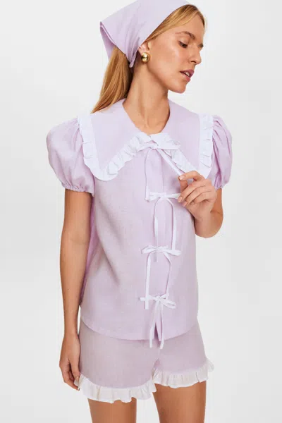 Sleeper Puff Linen Lounge Shorts With Headscarf In Lavender In Pink