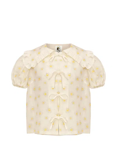 Sleeper Puff Linen Loungewear Blouse In Neutral