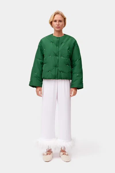 Sleeper Puffer Jacket In Green With Pearl Details