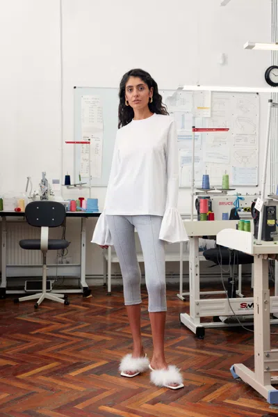 Sleeper Ruffled Long Sleeve Stretch-cotton Jersey T-shirt In White