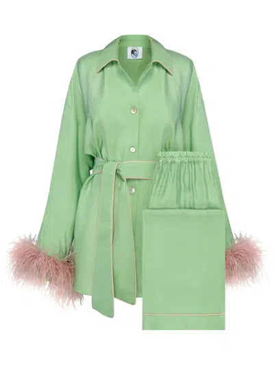 Sleeper Miss Cat Feather-trim Pajama Set In Green