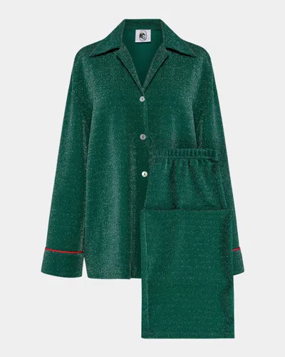 Sleeper Saturn Shimmer Contrast-trim Pajama Set In Green
