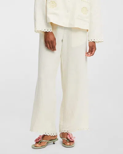Sleeper Sofia Floral-embroidered Linen Trousers In White Asparagus