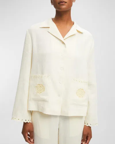 Sleeper Sofia Floral-embroidered Linen Shirt In White
