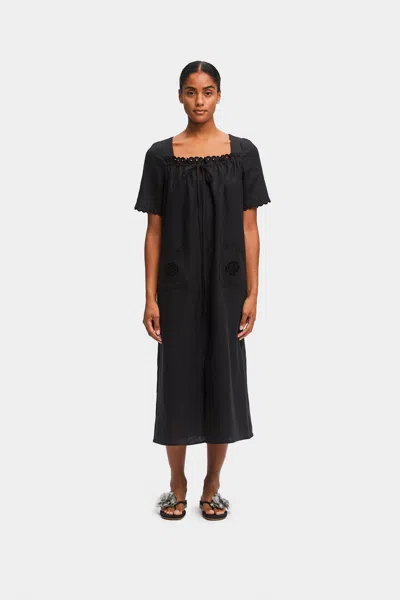 Sleeper Sofia Linen Embroidered Midi Dress In Black