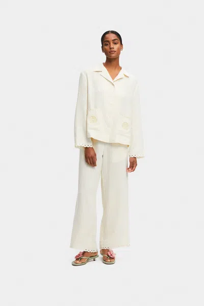 Sleeper Sofia Linen Embroidered Pants In Off-white