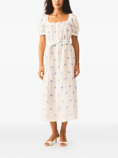 Sleeper Square-neck Floral Linen Dress In White