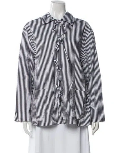 Pre-owned Sleeper Striped Tie Neck Blouse In White