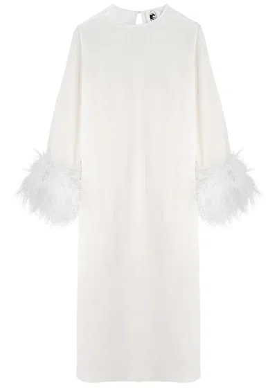 Sleeper Suzi Feather-trimmed Satin Midi Dress In White