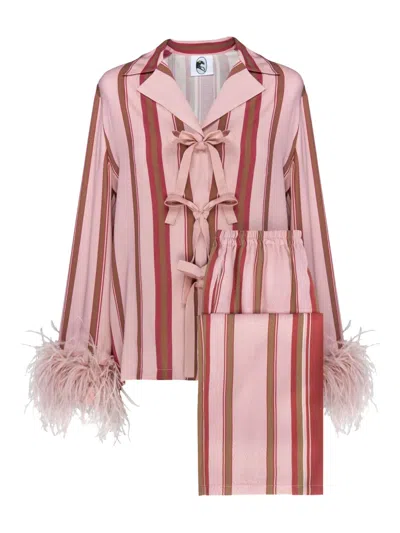 Sleeper The Bow Feather-trimmed Striped Pajama Set In Pink