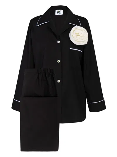 Sleeper Floral Applique Cotton Poplin Pajama Set In Black