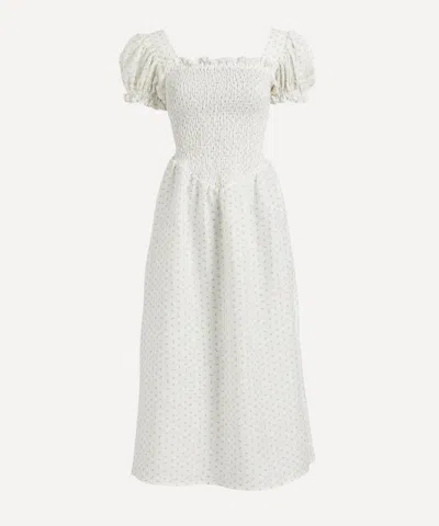 Sleeper Belle Linen Dress In Garden Roses In White / Pink