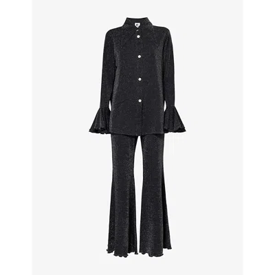 Sleeper Womens  Lurex Lounge Flared-cuffs Straight-leg Mis-rise Stretch-woven Set In Black