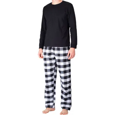 Sleephero Long Sleeve Pajama T-shirt & Buffalo Check Fleece Pajama Pants Set In Black With White Buffalo Check