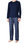 Sleephero Long Sleeve Pajama T-shirt & Buffalo Check Fleece Pajama Pants Set In Sailor Navy Buffalo Check