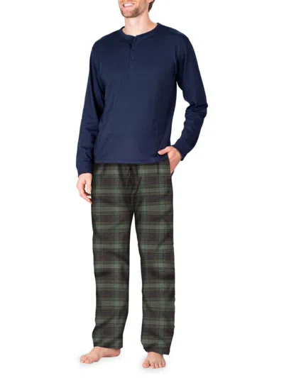 Sleephero Men's 2-piece Henley Tee & Flannel Pants Pajama Set In Blue