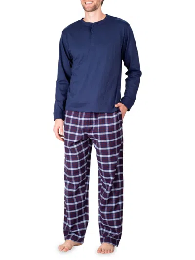 Sleephero Men's 2-piece Henley Tee & Flannel Pants Pajama Set In Blue