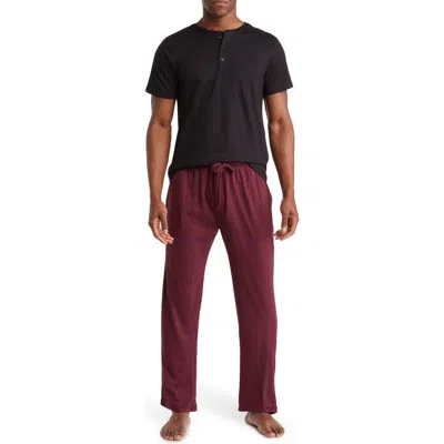 Sleephero Short Sleeve Henley & Pants Pajama Set In Maroon W/black