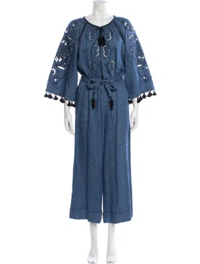 Pre-owned Sleeping Gypsy Linen Patterned Jumpsuit In Blue