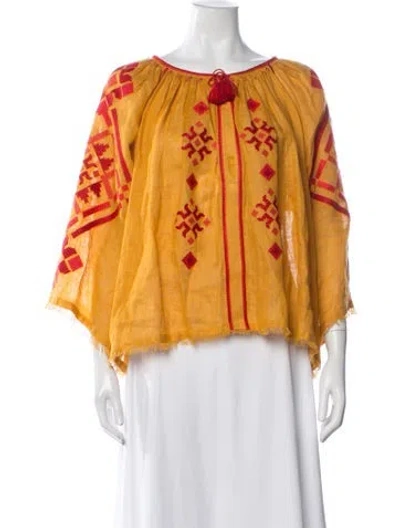 Pre-owned Sleeping Gypsy Linen Printed Blouse In Brown