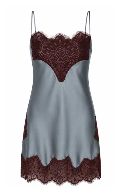 Sleeping With Jacques Nadia Silk Lace Mini Slip Dress In Blue