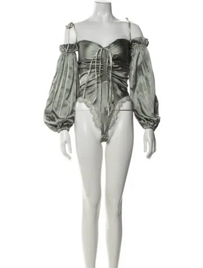 Pre-owned Sleeping With Jacques Silk Off-the-shoulder Bodysuit In Green