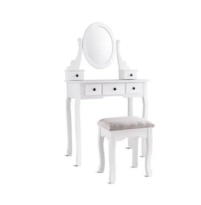 Slickblue Dressing Table Set With Oval Mirror Stool And 5 Storage Drawers In White