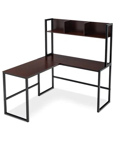 Slickblue Reversible L-shaped Corner Desk With Storage Bookshelf In Dark Brown