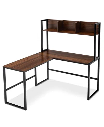 Slickblue Reversible L-shaped Corner Desk With Storage Bookshelf In Walnut