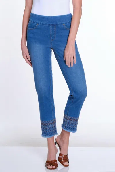 Slimsation By Multiples Pull-on Solid Denim Ankle Jean With Embroidered Hem In Medium Indigo