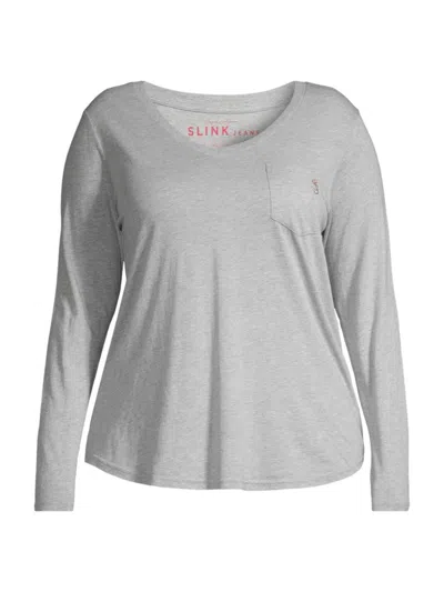 Slink Jeans, Plus Size Women's V-neck Long-sleeve T-shirt In Heather Grey