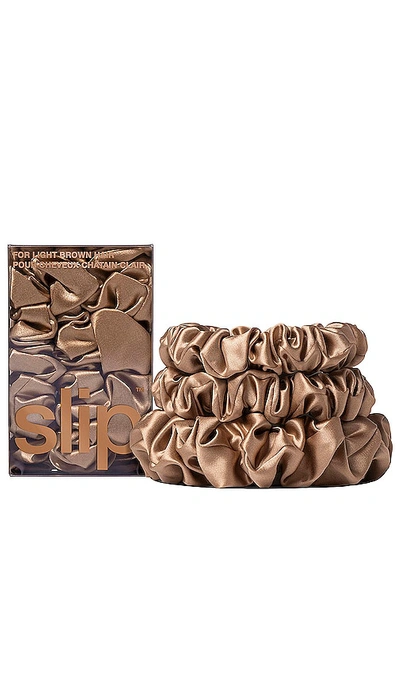 Slip Midi & Large Scrunchie Set Of 3 In Light Brown